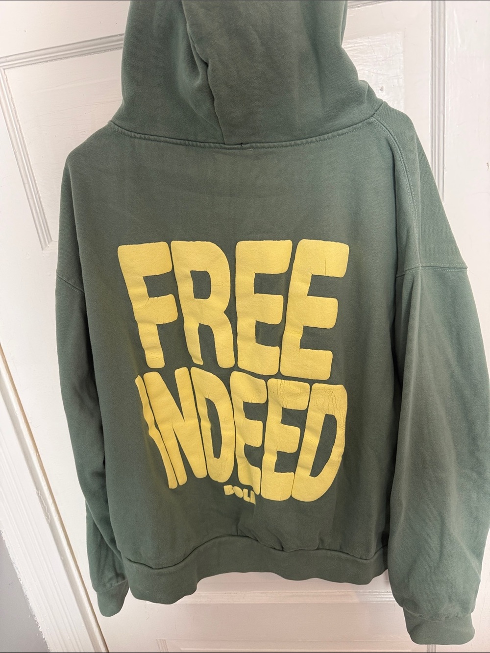 Olive Green Pullover Hoodie with Yellow Text